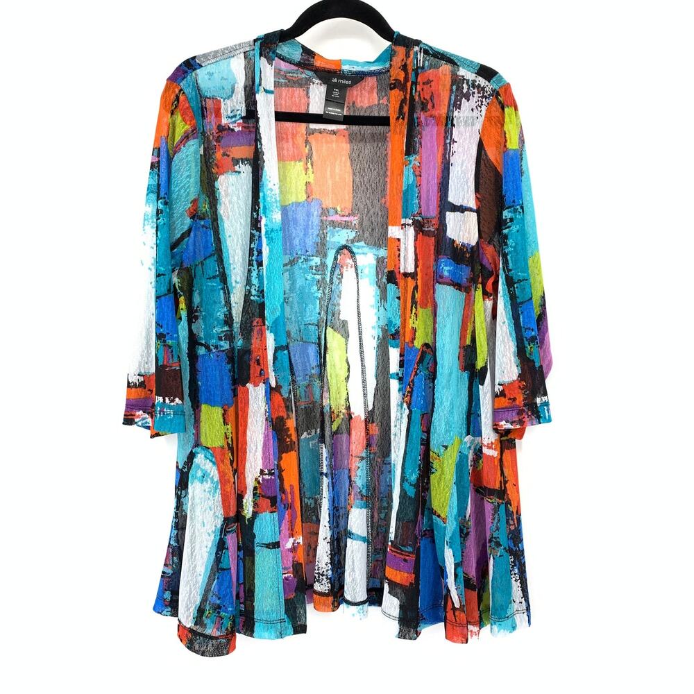 Ali Miles Cardigan Womens PXL Multicolor Sheer Mesh Knit Abstract Block Print